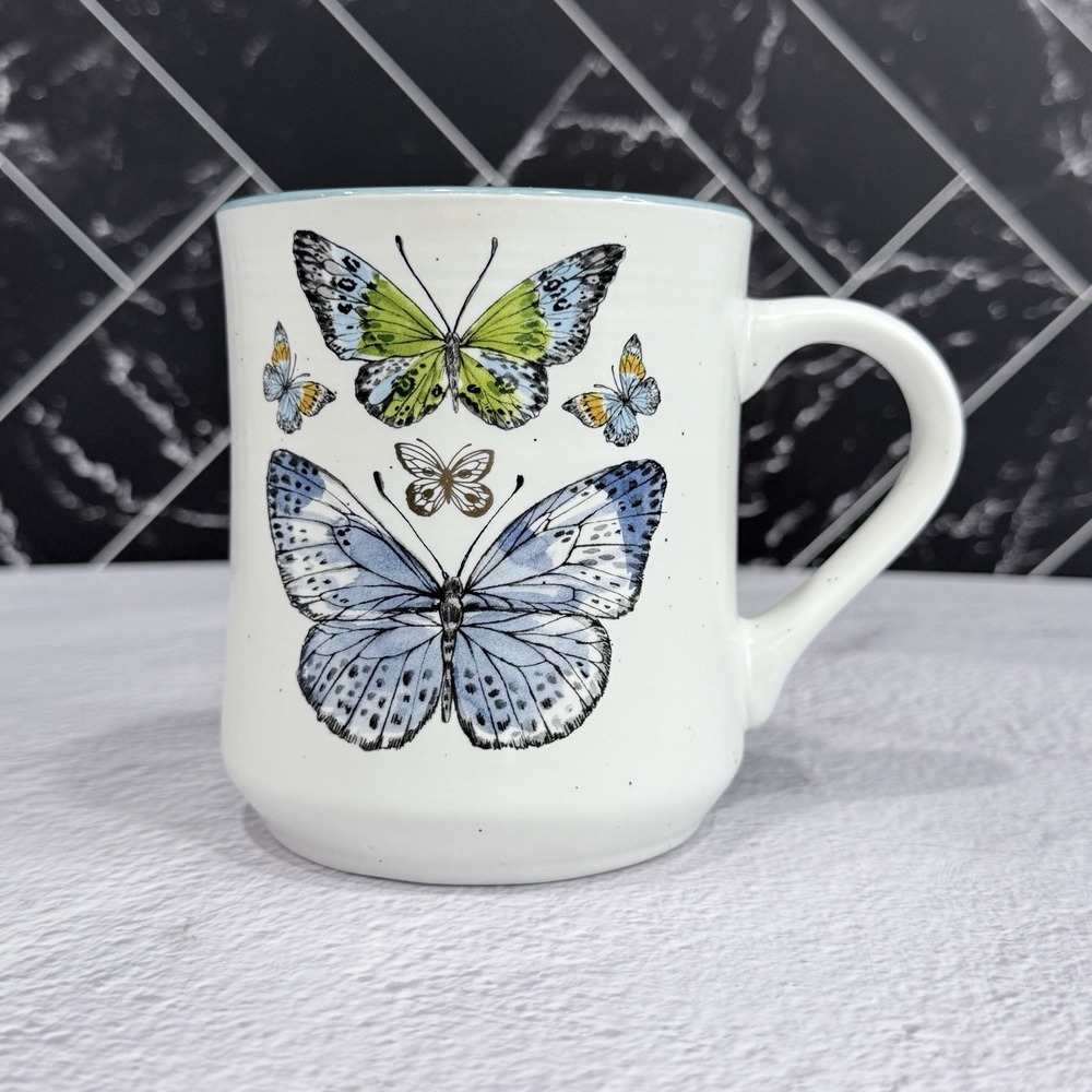 SEEDS & SUNSHINE Butterfly Ceramic Large Tea Coffee Mug Artistic Blues and Green